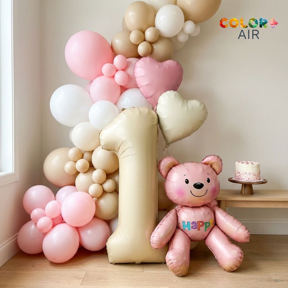 Pink Teddy First Birthday Balloon Set